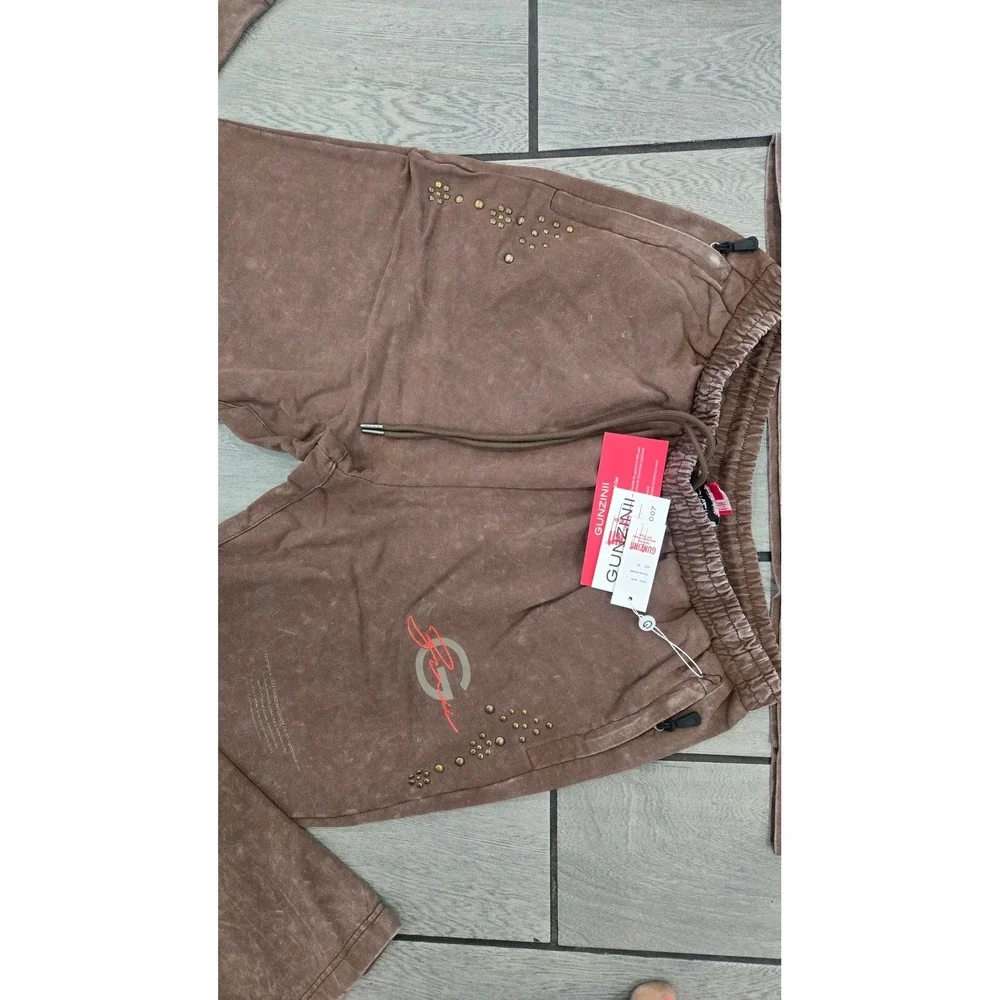 Gunzinii Denim & Co Mens 2XL Brown Mineral Wash Studded T-Shirt and Joggers Set